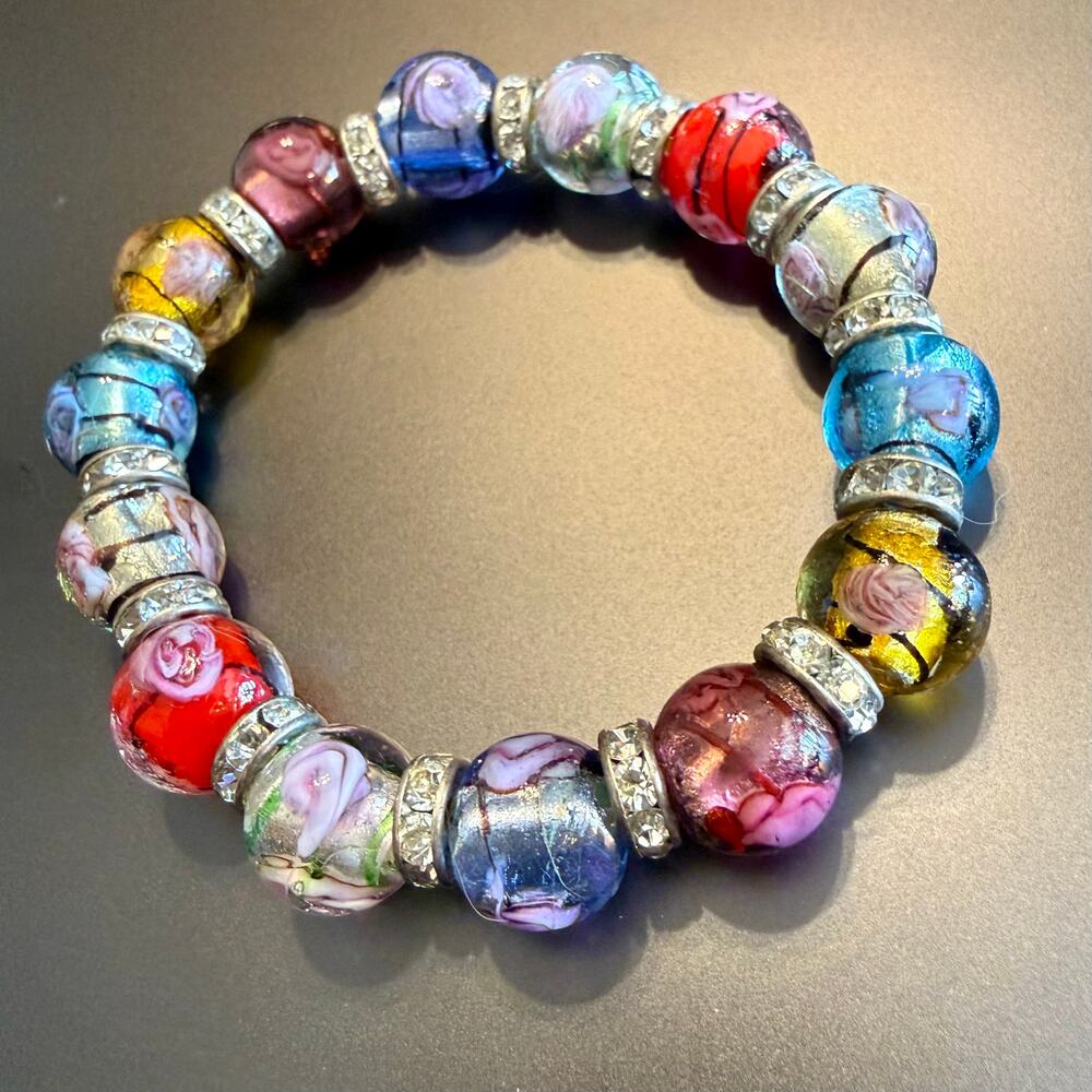Murano Style Floral Glass Rhinestone Accent Stretch Bracelet